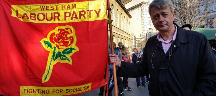 John Grey & West Ham Flag - 1500 x 668 - anti-fascist demo 17 Nov 2018