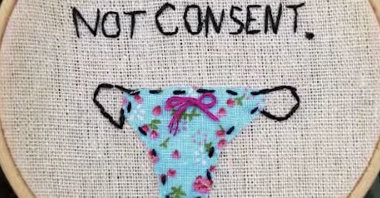 Embroidery of women's knickers saying "Not Consent"