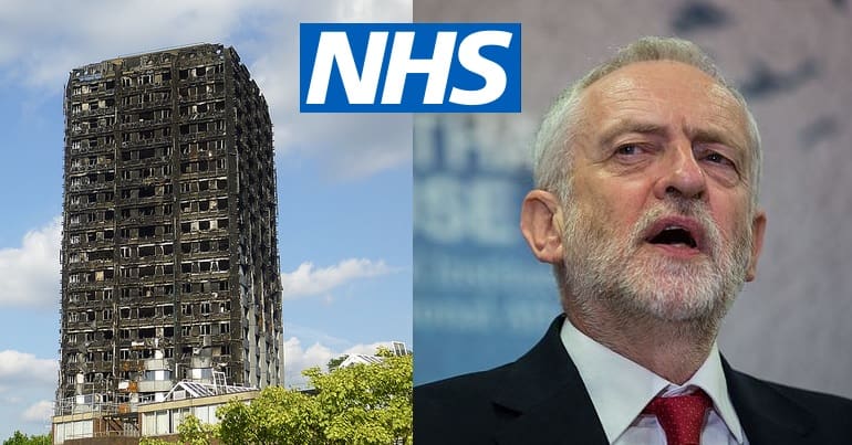 Grenfell Tower, NHS logo and Jeremy Corbyn