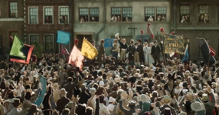 Screenshot of crowd from Peterloo film