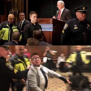 Pastor escorted out (top) Cox dragged out (bottom)