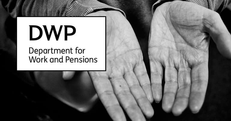 The DWP logo and hands begging