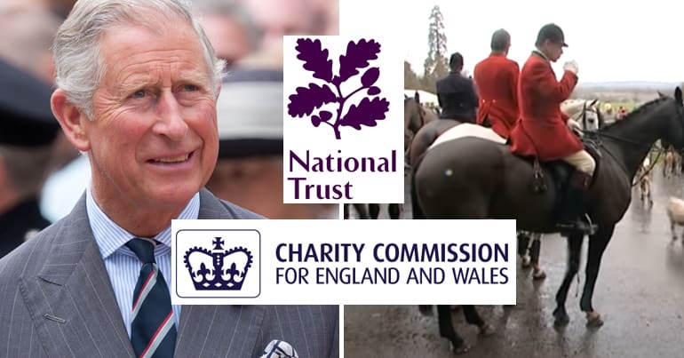 Photos of Prince Charles and Blencathra Foxhounds with logos for National Trust and the Charity Commission