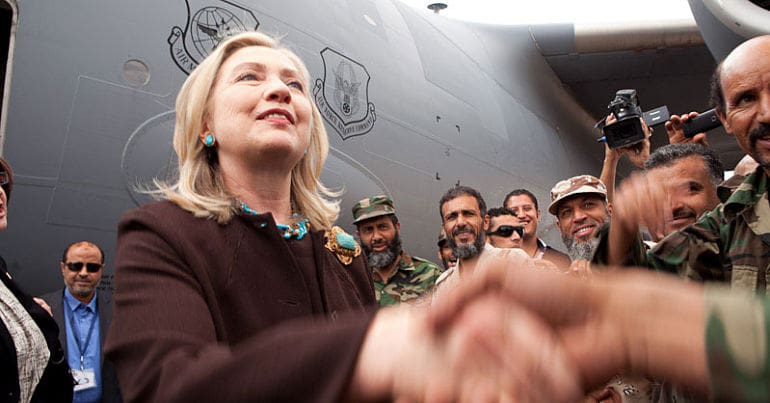 Hillary Clinton arrives in Libyan capital, Tripoli, in 2011