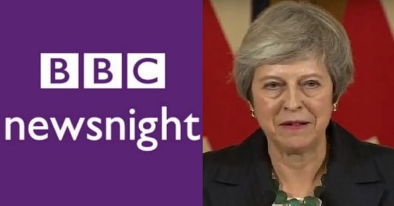 Newsnight logo and Theresa May