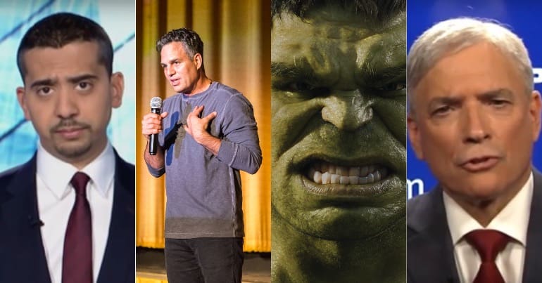 journalist Mehdi Hasan, next to actor Mark Ruffalo, Marvel character Hulk and Trump advisor Steve Rogers