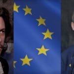 Dr Mike Galsworthy to the left, in the middle an EU flag, and to the right Alastair Campbell