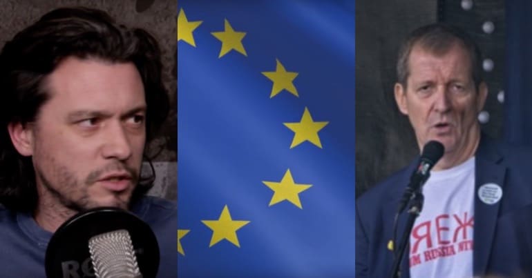 Dr Mike Galsworthy to the left, in the middle an EU flag, and to the right Alastair Campbell