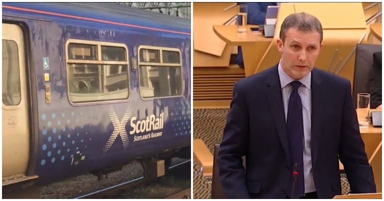 Split image Michael Matheson and a ScotRail train
