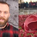 Veteran Joe Glenton next to a memorial poppy at the Tower of London
