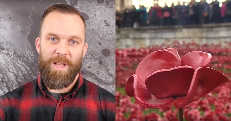 Veteran Joe Glenton next to a memorial poppy at the Tower of London