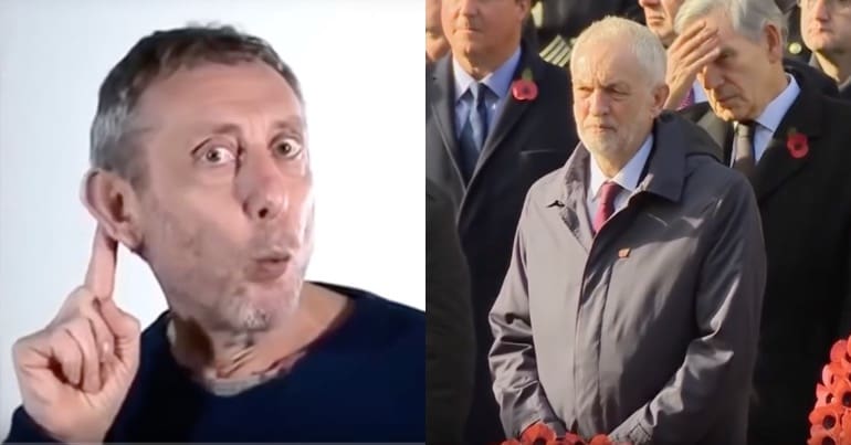 Author Michael Rosen next to Jeremy Corbyn