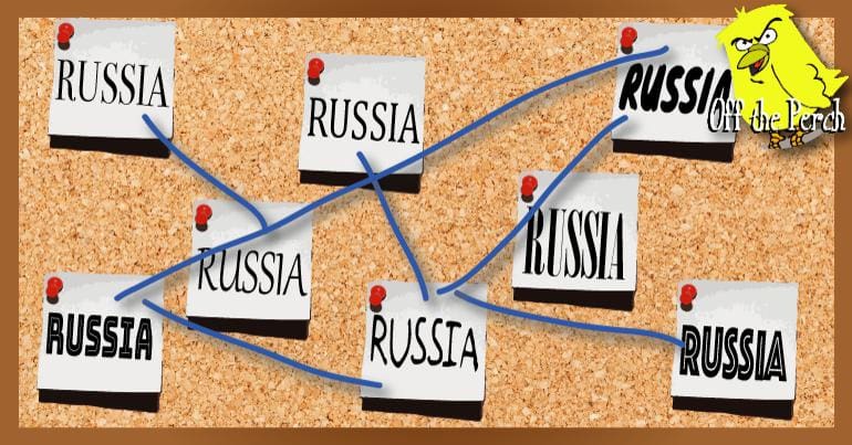 A conspiracy board but its just connecting several instances of the word 'RUSSIA'