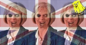Zombie Theresa May behind a Union Jack