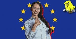 Woman with thumb up in front of EU flag