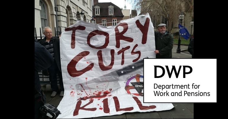 A banner at a DWP protest and its logo