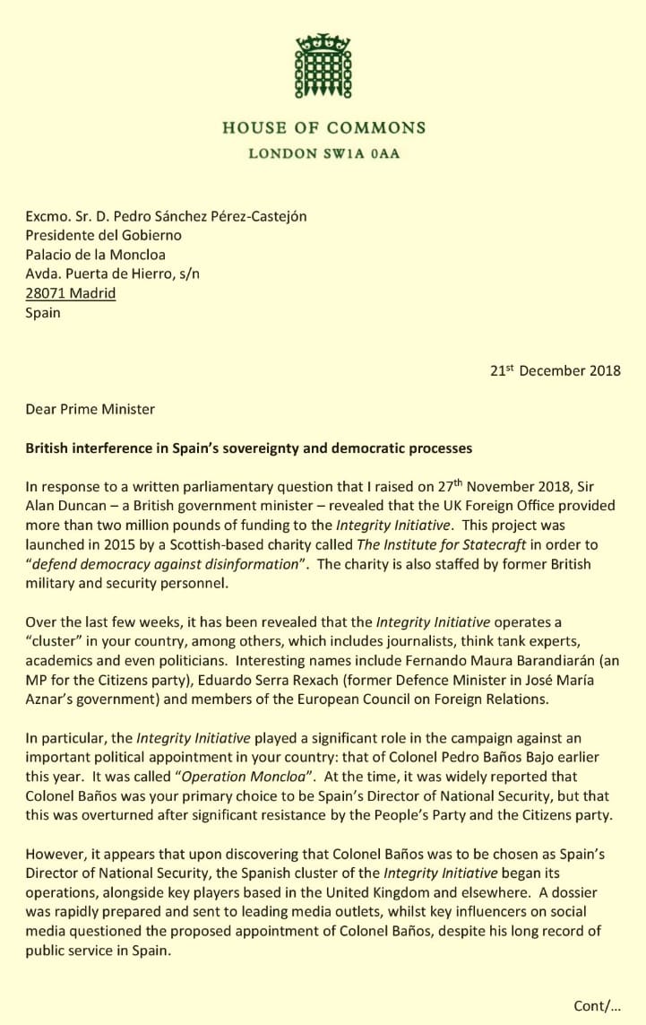 Chris Williamson MP letter to Spainish PM re Moncloa Campaign Page 1