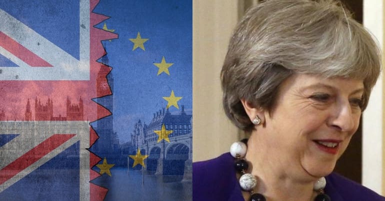 Union Jack and EU flags hiding parliament and Theresa May