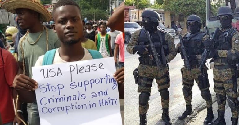 Haitian protester and police