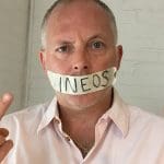 Joe Corre with fracking company Ineos written on tape across his mouth