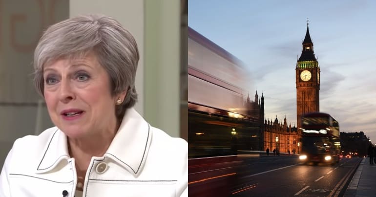 Theresa May and a London bus next to houses of parliament