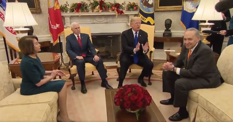 Donald Trump, Mike Pence, Nancy Pelosi and Chuck Schumer meeting at the Oval Office.