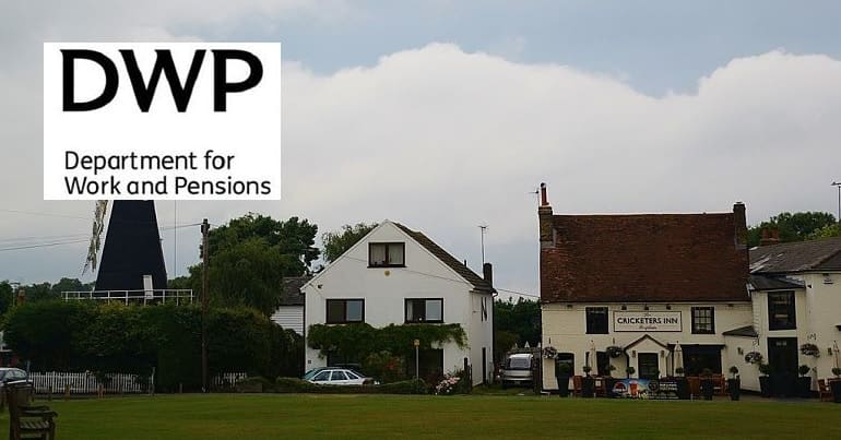 DWP logo and a pub called the Cricketers Inn