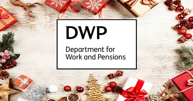 The DWP logo surrounded by Christmas items representing the Christmas bonus