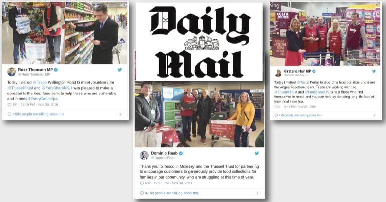 Tweets from Tory MPs at foodbanks and the Daily Mail logo