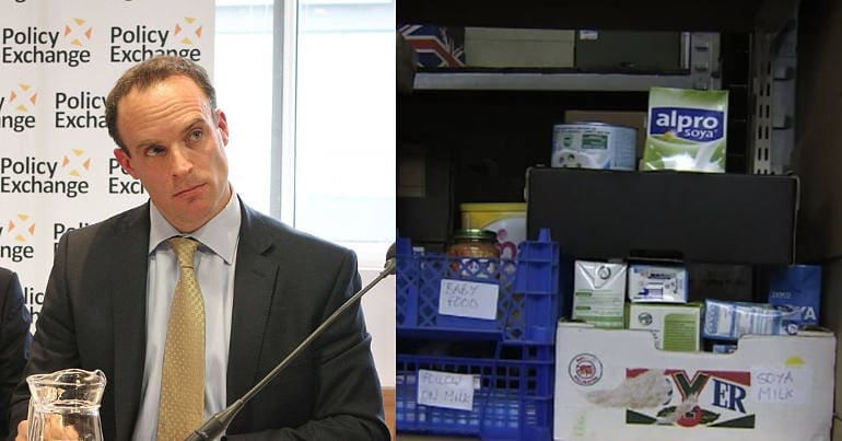 A picture of Dominic Raab and a picture of a food bank