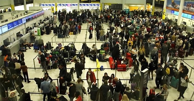 Large crowd in Gatwick Airport