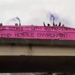 Pink banner in Manchester supporting the Stansted 15