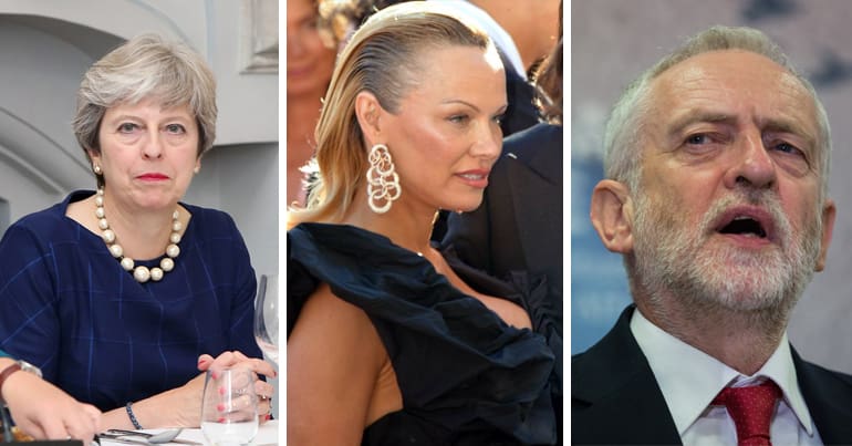 Theresa May, Pamela Anderson and Jeremy Corbyn