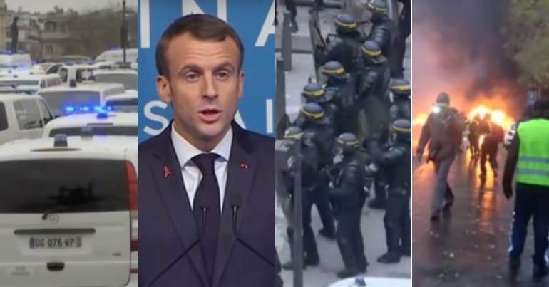 French president Macron next to ambulance protestors and riot police