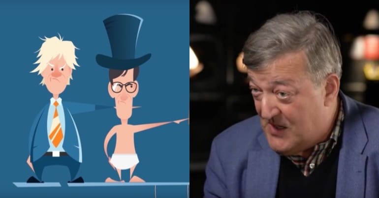 Stephen Fry next to cartoons of Jacob Rees-Mogg and Boris Johnson