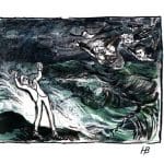 Theresa May roaring at the stormy sea with Brexiteers dive bombing at her