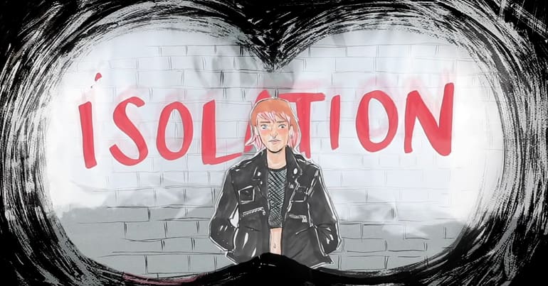 Animation of a woman with the word "isolation' behind her