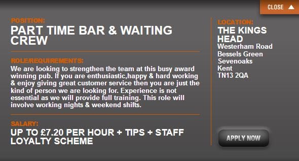 An advert for staff at the King's Head