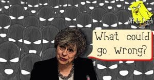 Theresa May surrounded by ski masks