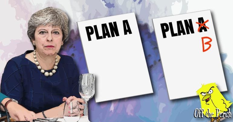 Theresa May by her two Brexit plans - second one has 'Plan A' crossed out and replaced by 'Plan B'