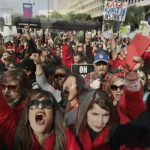 Teachers celebrate in Los Angeles.