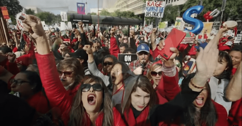 Teachers celebrate in Los Angeles.