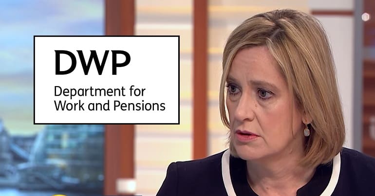 Amber Rudd next to the DWP logo
