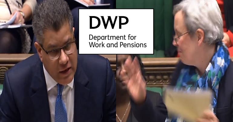 MPs in parliament with the DWP logo