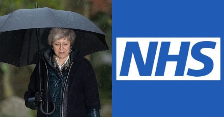 Theresa May and NHS logo