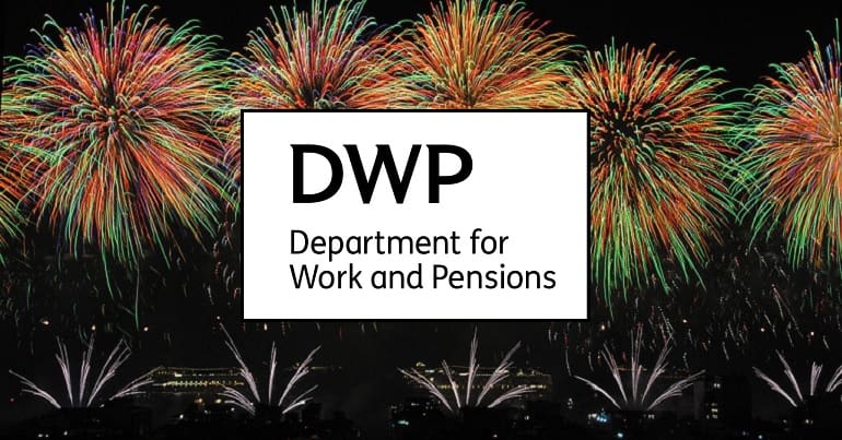 The DWP logo and fireworks