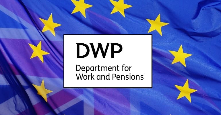 The DWP logo the Union Jack and the EU flag