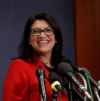 A picture of Rashida Tlaib and a picture of Donald Trump