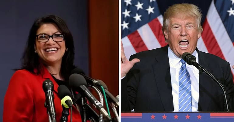 A picture of Rashida Tlaib and a picture of Donald Trump
