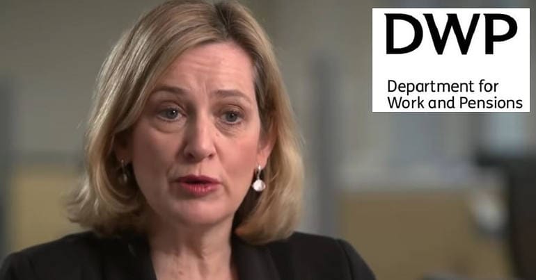 Amber Rudd and the DWP logo